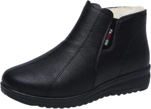 AUNTHUI Women'S Leather Fleece Wedge Cotton Ankle Boots,Side Zipper Warm Comfortable Mama Shoes,Waterproof Non-Slip Snow Boots