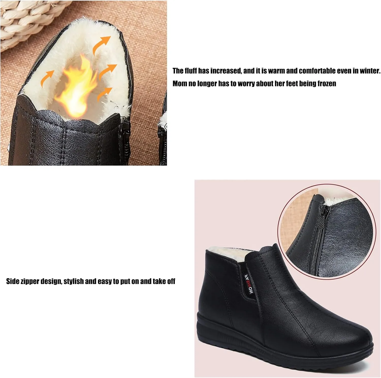 AUNTHUI Women'S Leather Fleece Wedge Cotton Ankle Boots,Side Zipper Warm Comfortable Mama Shoes,Waterproof Non-Slip Snow Boots