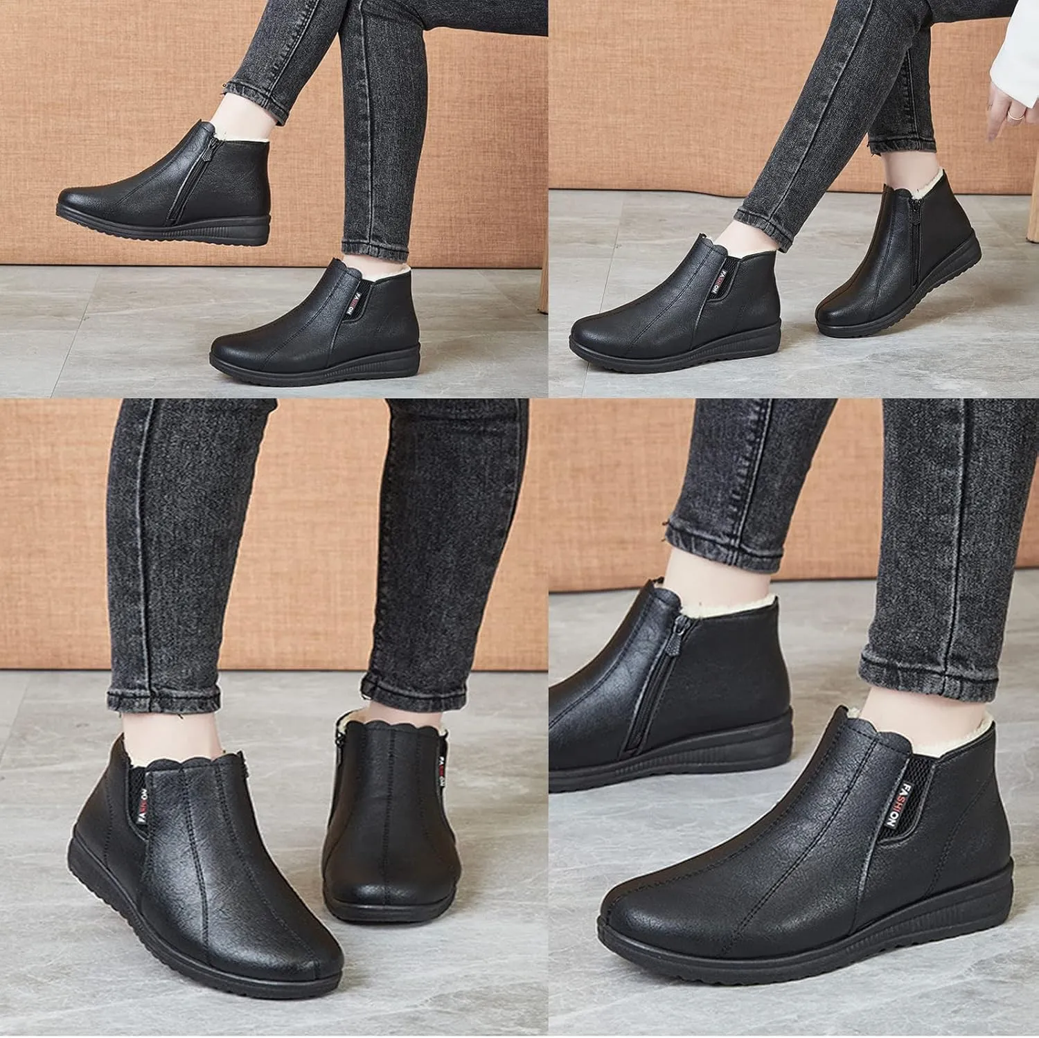 AUNTHUI Women'S Leather Fleece Wedge Cotton Ankle Boots,Side Zipper Warm Comfortable Mama Shoes,Waterproof Non-Slip Snow Boots