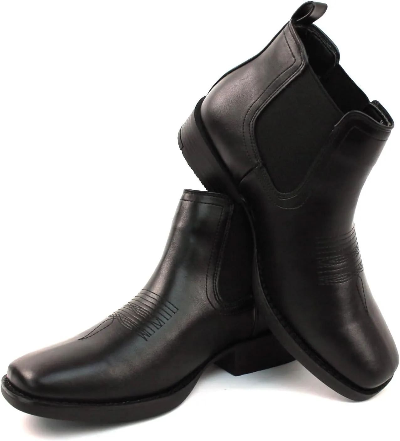 AZAR MAN Mens Western Chelsea Cowboy Ankle Boots Square Toe Pull On Leather Block Heel