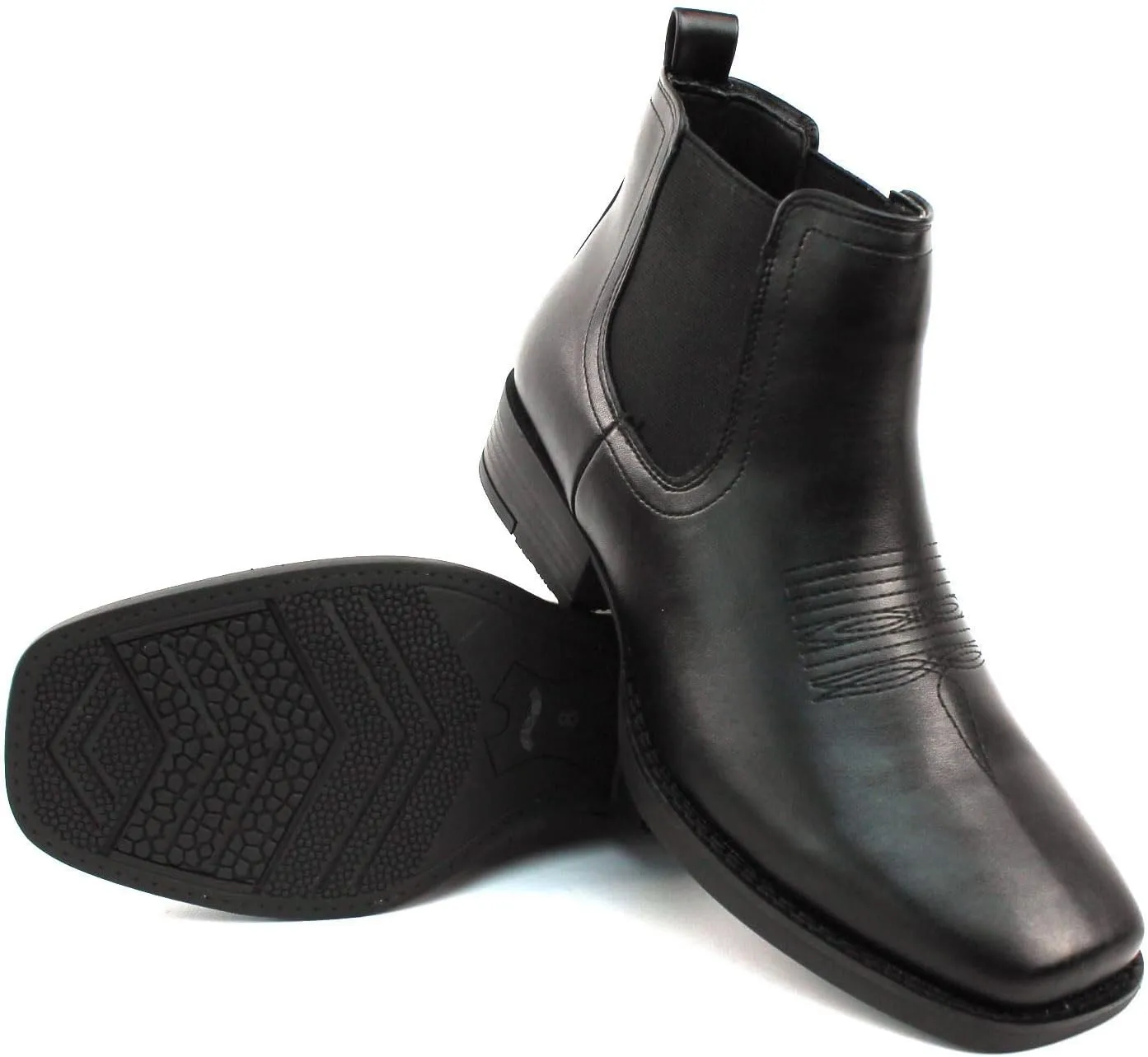 AZAR MAN Mens Western Chelsea Cowboy Ankle Boots Square Toe Pull On Leather Block Heel