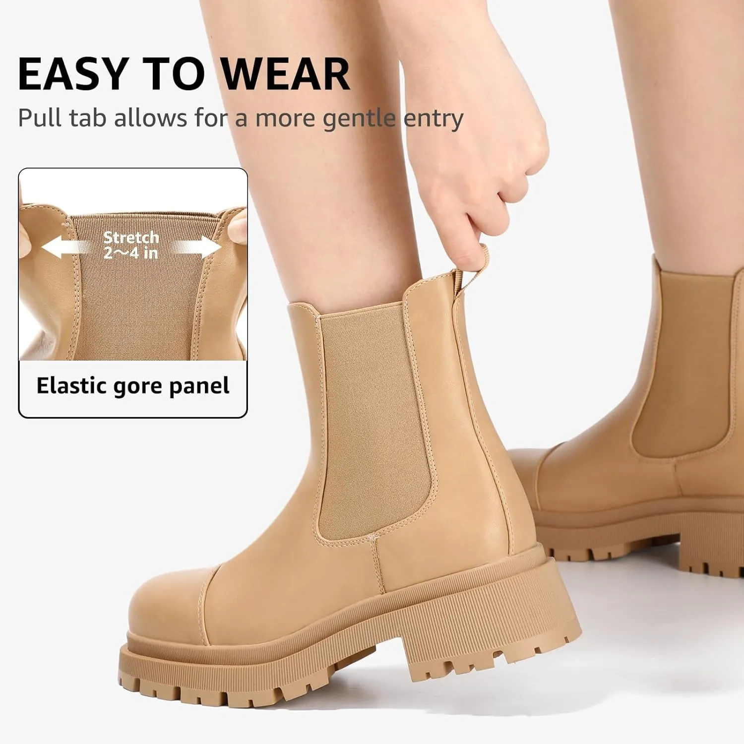 Bacia Chelsea Boots Women Lug Sole Ankle Boots Chunky Heel Slip On Booties