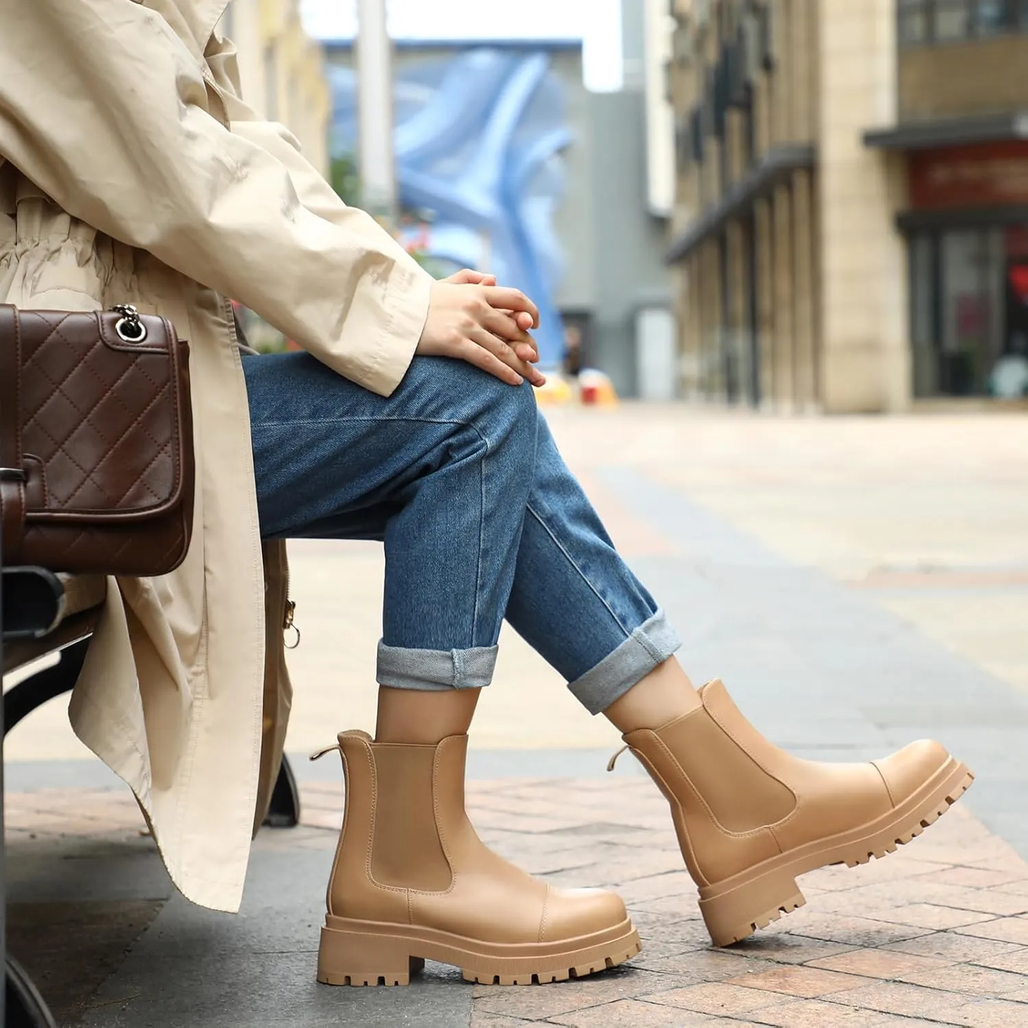 Bacia Chelsea Boots Women Lug Sole Ankle Boots Chunky Heel Slip On Booties