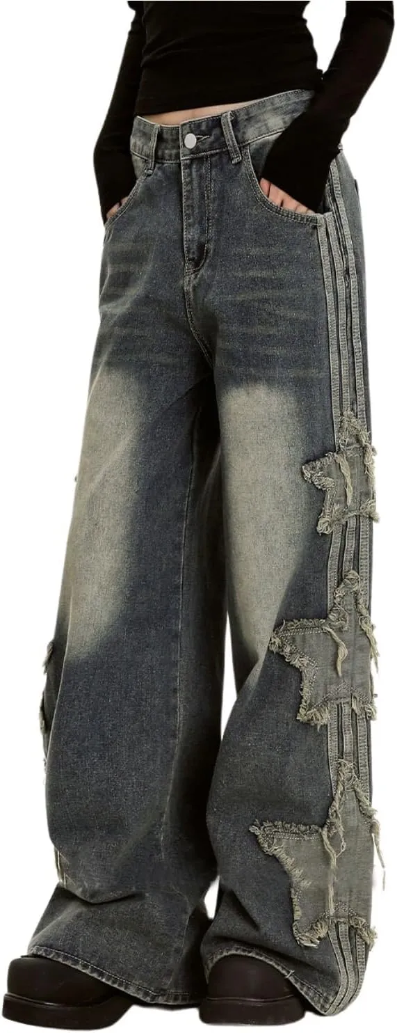Baggy Jeans for Woman Girls Star Patchwork High Waist Cute Jeans Y2K Streetwear Loose Pants Grunge Emo Clothing