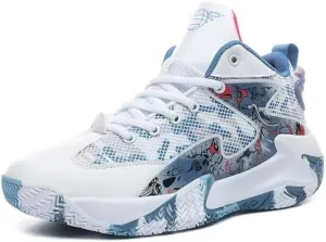 Basketball Shoes, High-Top Athletic Sneakers, Mesh Design with Graphic Pattern, White and Blue