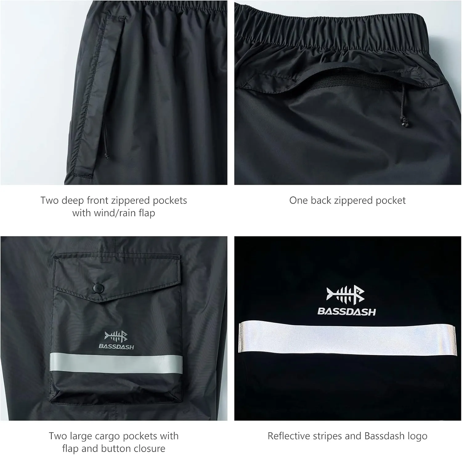 BASSDASH Complete Men’s Breathable Waterproof Rain Pant Lightweight Over Pant with 1/2 Zip Legs for Fishing Kayaking Hiking
