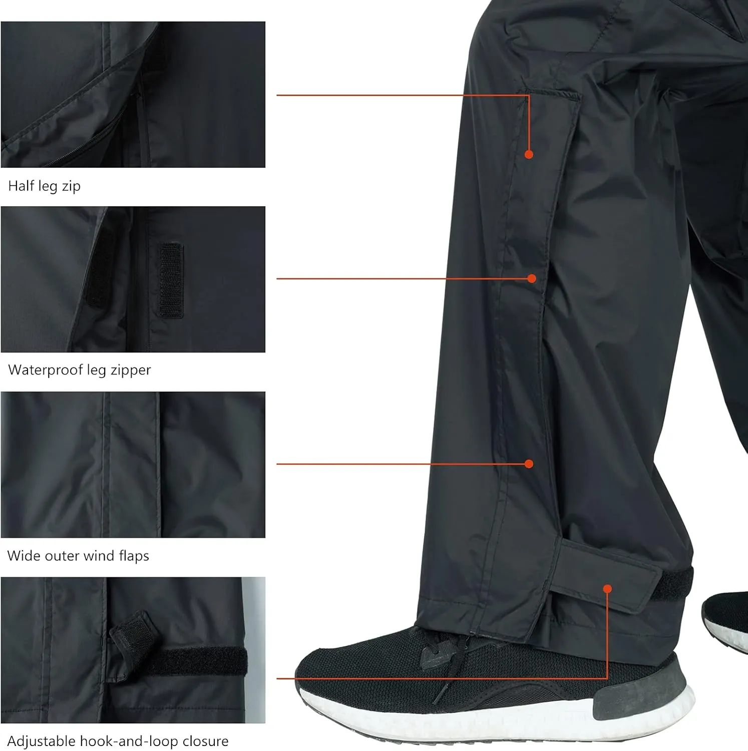 BASSDASH Complete Men’s Breathable Waterproof Rain Pant Lightweight Over Pant with 1/2 Zip Legs for Fishing Kayaking Hiking