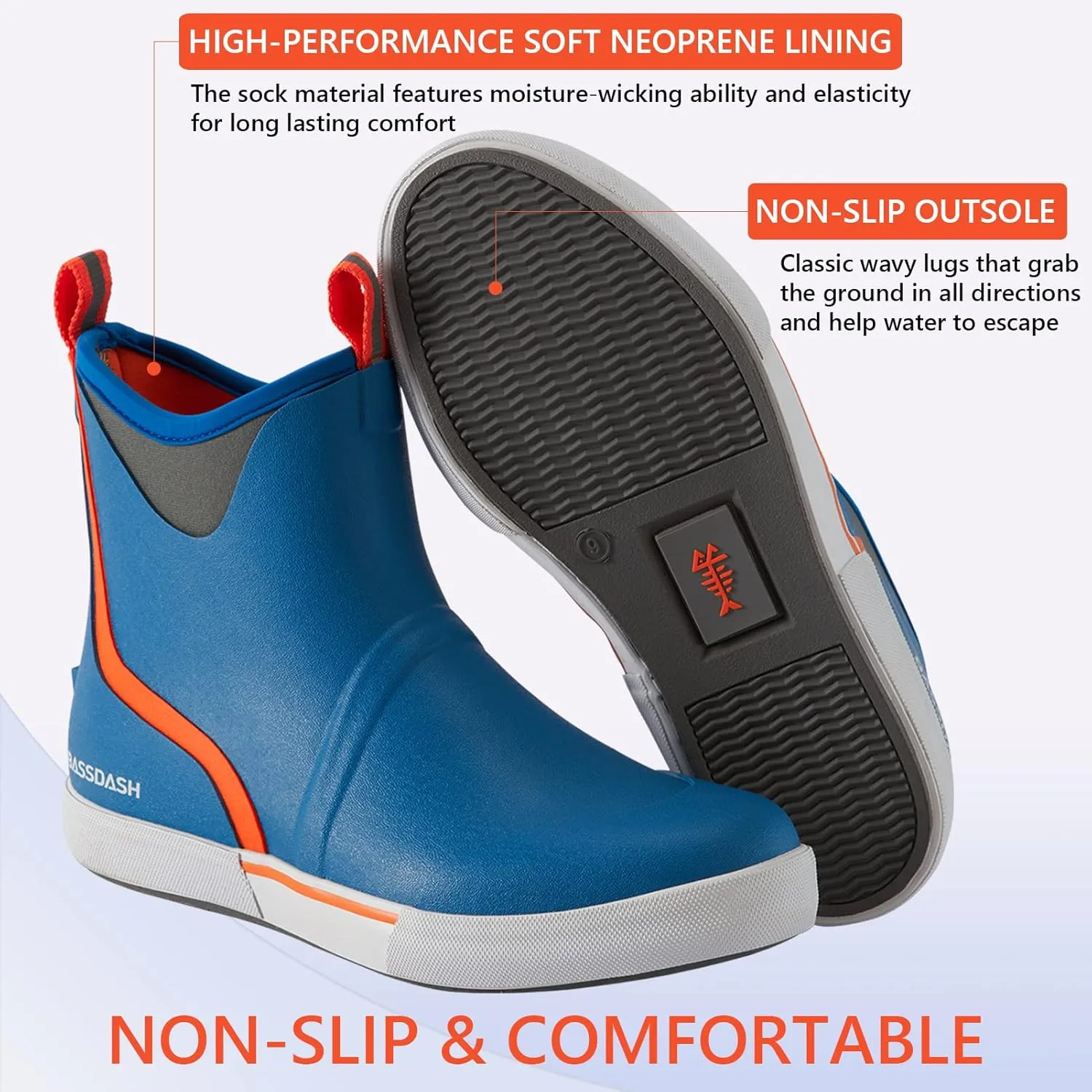 BASSDASH Men’s 6" Waterproof Deck Boots with Breathable Lining Anti-slip Neoprene Rubber Ankle Rain Boots for Fishing Boating