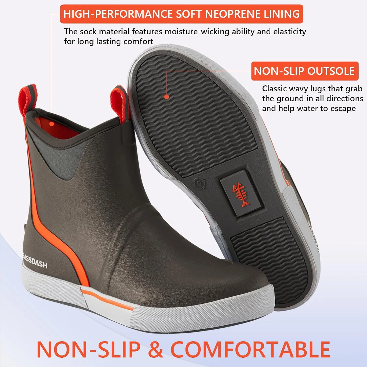 BASSDASH Men’s 6" Waterproof Deck Boots with Breathable Lining Anti-slip Neoprene Rubber Ankle Rain Boots for Fishing Boating