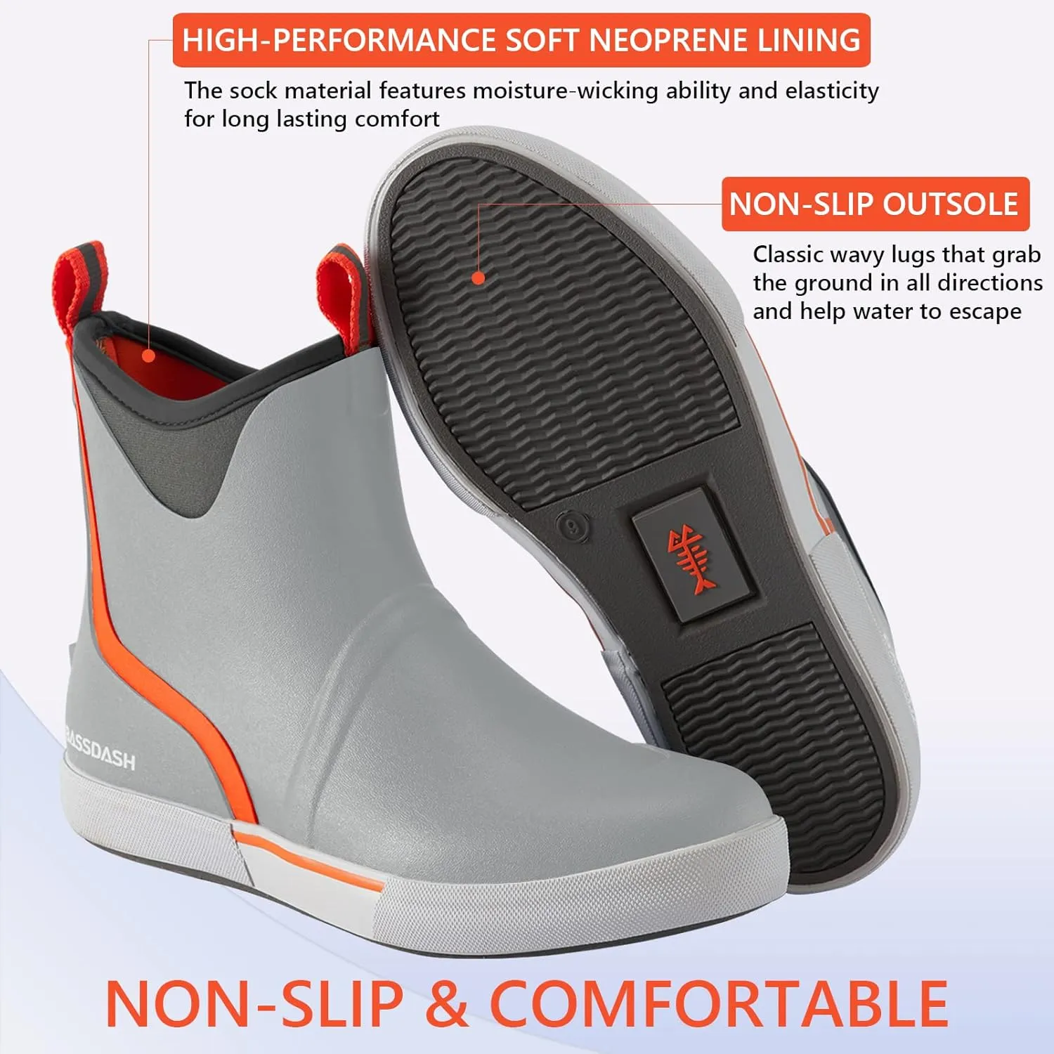 BASSDASH Men’s 6" Waterproof Deck Boots with Breathable Lining Anti-slip Neoprene Rubber Ankle Rain Boots for Fishing Boating