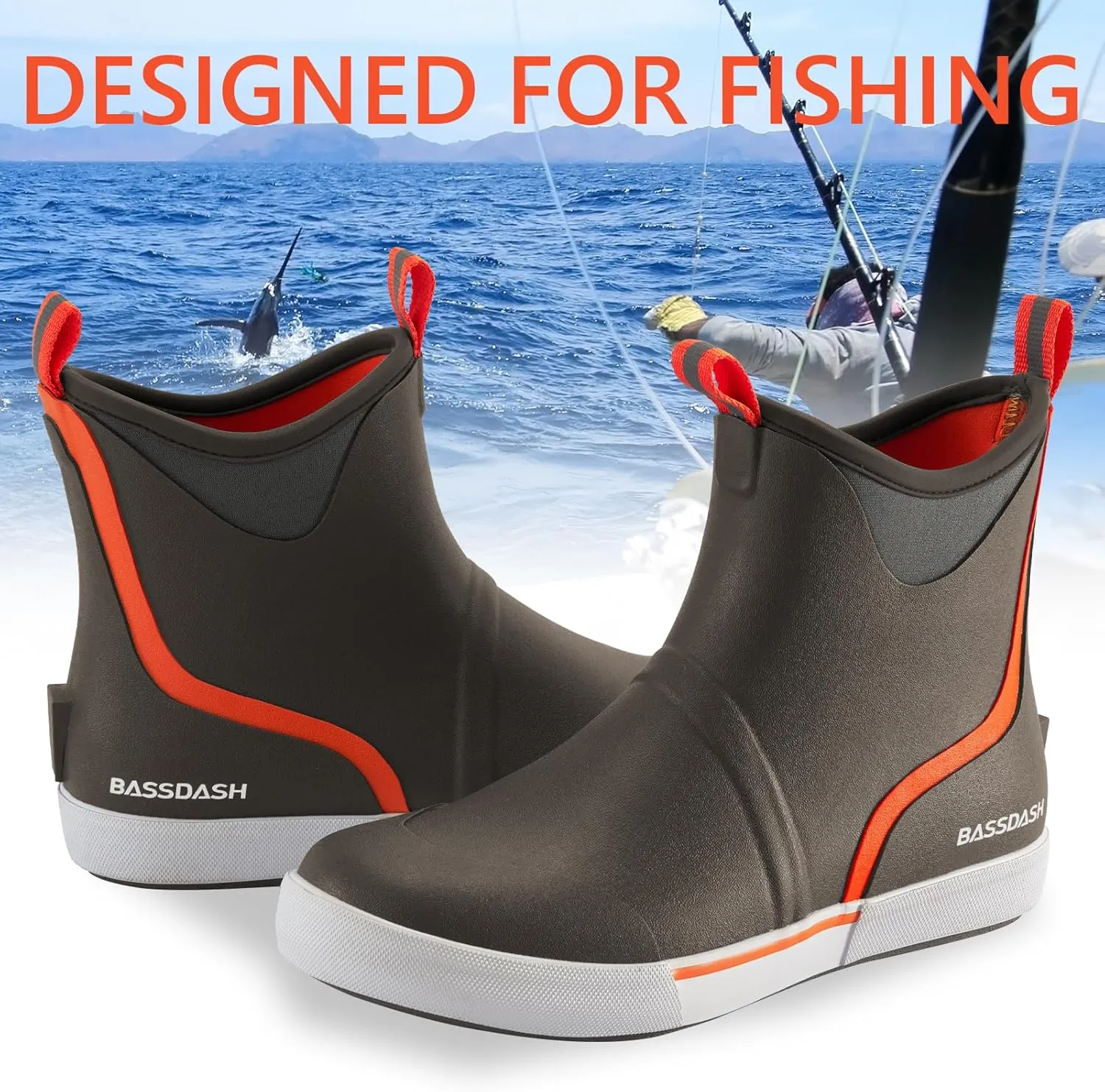 BASSDASH Men’s 6" Waterproof Deck Boots with Breathable Lining Anti-slip Neoprene Rubber Ankle Rain Boots for Fishing Boating