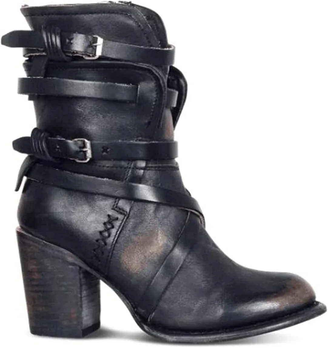 Bcshiye Women's Western Ankle Boot,Chunky Heel Wide Width Mid Calf Boots Retro Buckle Strap Slip On Dress Combat Boots