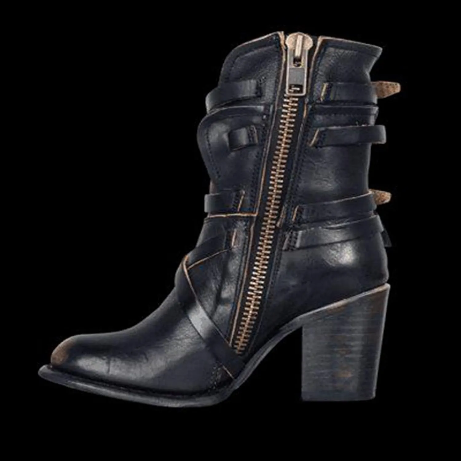 Bcshiye Women's Western Ankle Boot,Chunky Heel Wide Width Mid Calf Boots Retro Buckle Strap Slip On Dress Combat Boots