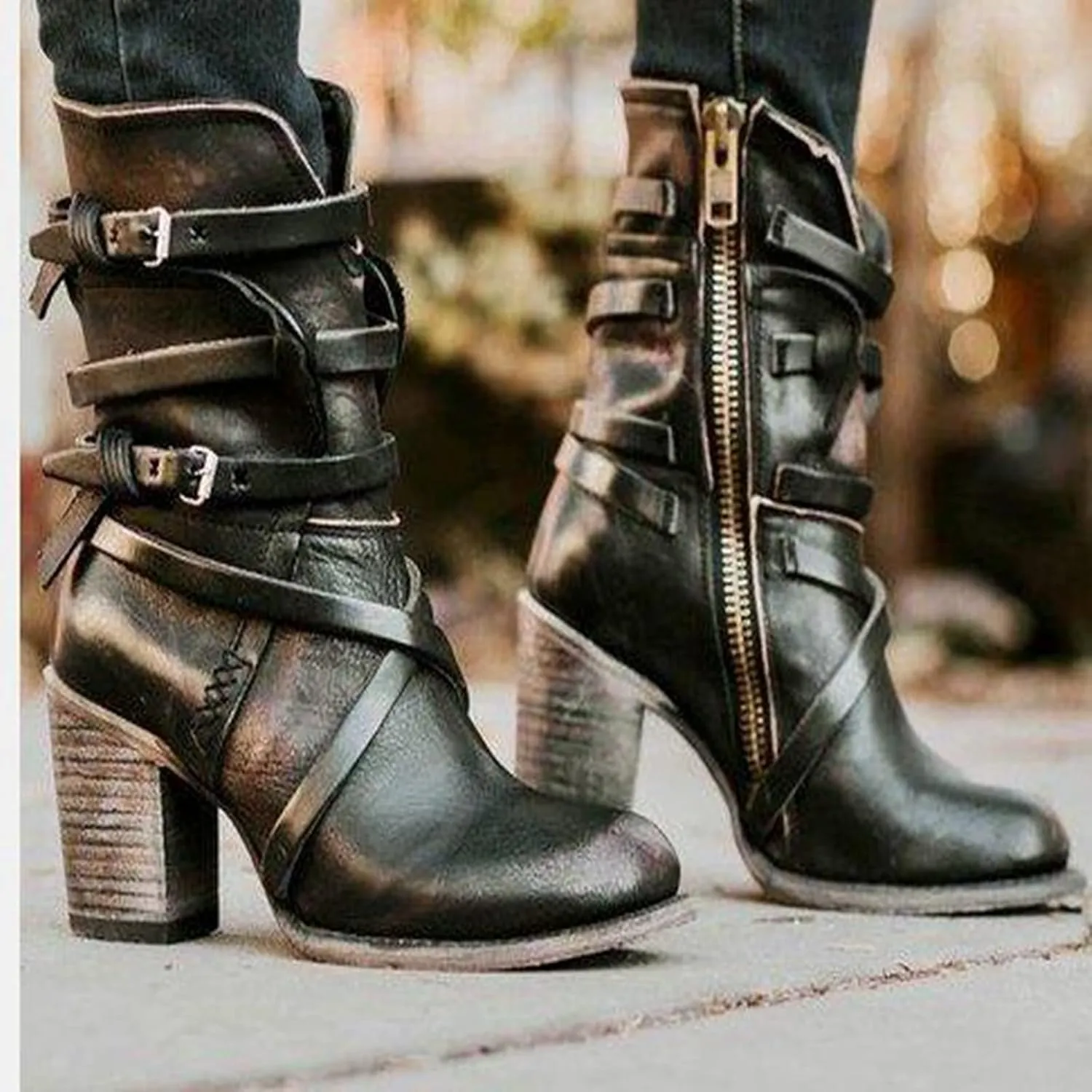 Bcshiye Women's Western Ankle Boot,Chunky Heel Wide Width Mid Calf Boots Retro Buckle Strap Slip On Dress Combat Boots
