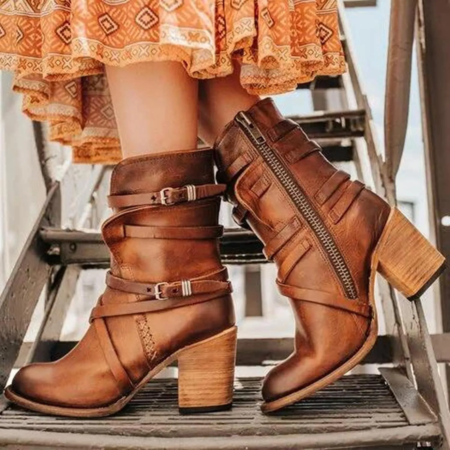 Bcshiye Women's Western Ankle Boot,Chunky Heel Wide Width Mid Calf Boots Retro Buckle Strap Slip On Dress Combat Boots