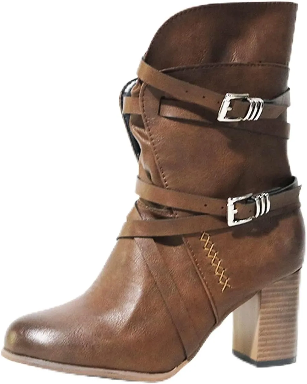 Bcshiye Women's Western Ankle Boot,Chunky Heel Wide Width Mid Calf Boots Retro Buckle Strap Slip On Dress Combat Boots