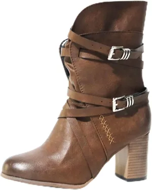 Bcshiye Women's Western Ankle Boot,Chunky Heel Wide Width Mid Calf Boots Retro Buckle Strap Slip On Dress Combat Boots