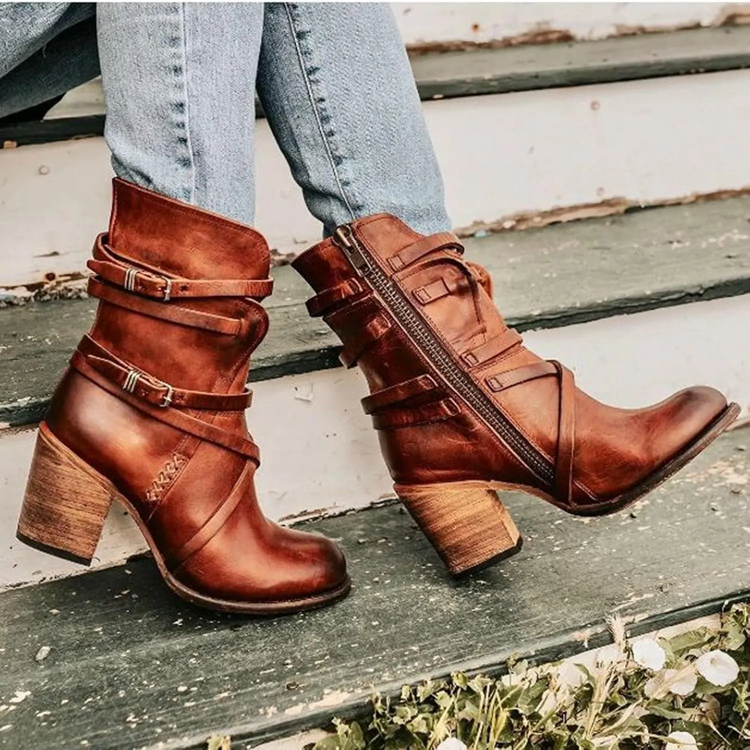 Bcshiye Women's Western Ankle Boot,Chunky Heel Wide Width Mid Calf Boots Retro Buckle Strap Slip On Dress Combat Boots