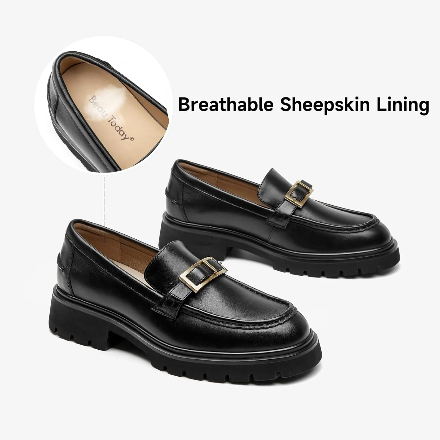 BEAU TODAY Chunky Loafers for Women,Womens Platform Loafer Shoes,Chunky Heel Lug Sole Slip-on Metal Chain Shoes,Comfort Round Toe Business Work Office Shoes