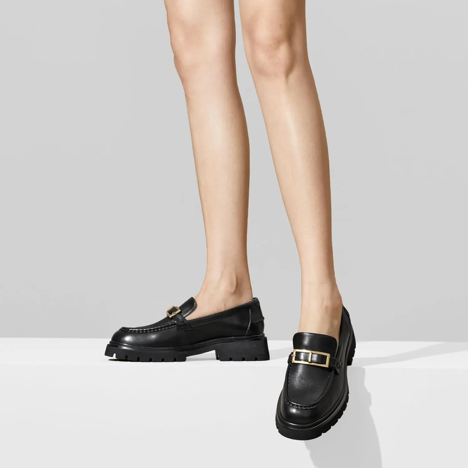 BEAU TODAY Chunky Loafers for Women,Womens Platform Loafer Shoes,Chunky Heel Lug Sole Slip-on Metal Chain Shoes,Comfort Round Toe Business Work Office Shoes