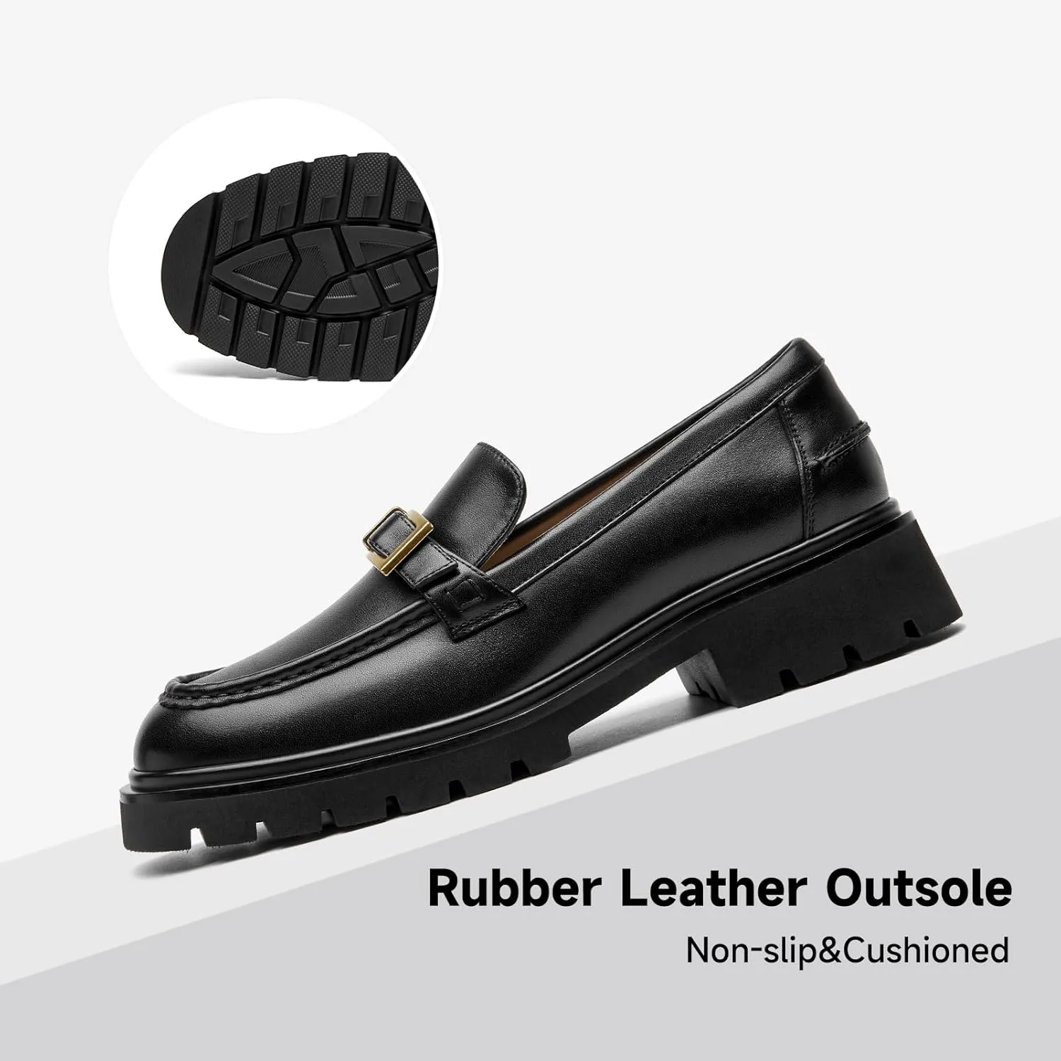 BEAU TODAY Chunky Loafers for Women,Womens Platform Loafer Shoes,Chunky Heel Lug Sole Slip-on Metal Chain Shoes,Comfort Round Toe Business Work Office Shoes