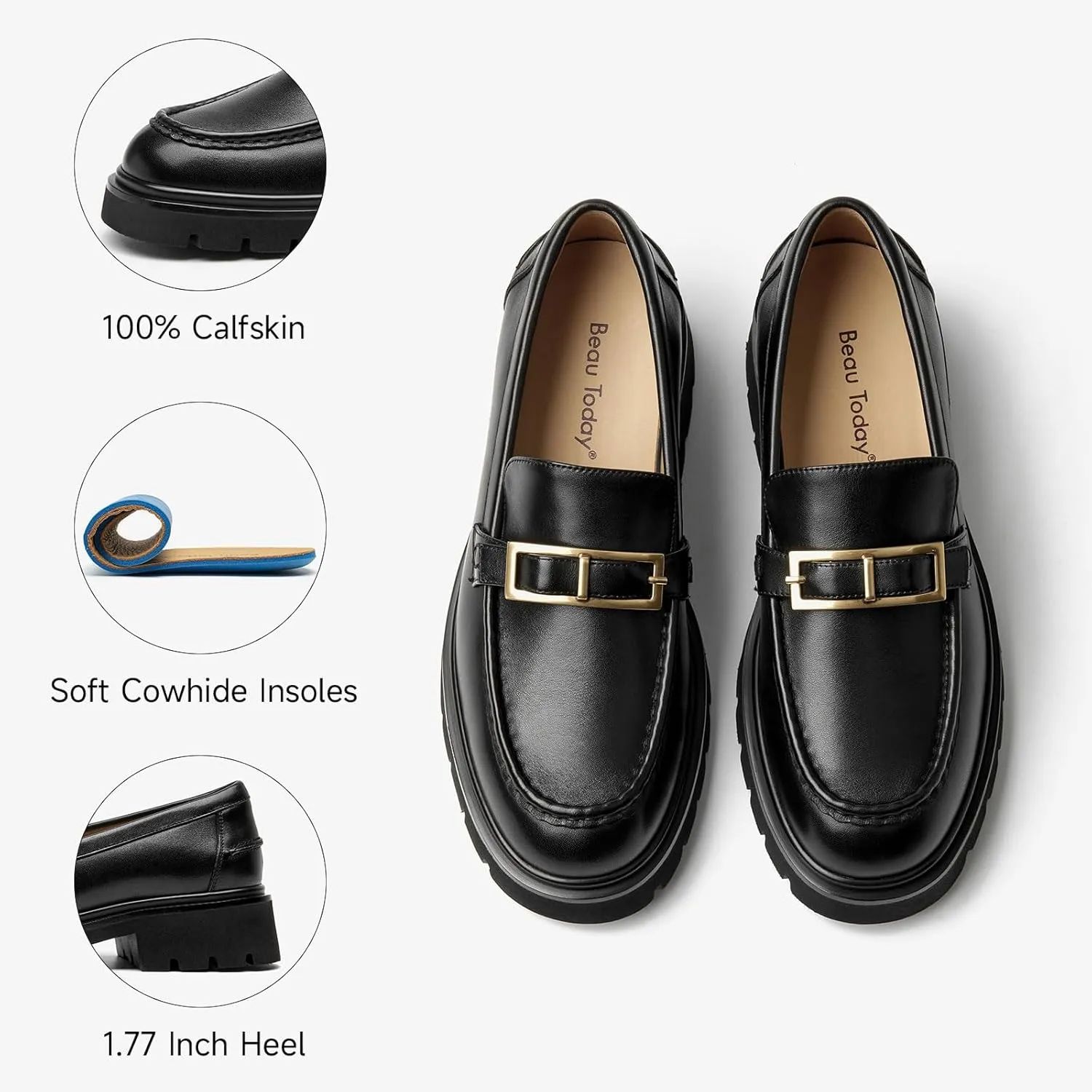 BEAU TODAY Chunky Loafers for Women,Womens Platform Loafer Shoes,Chunky Heel Lug Sole Slip-on Metal Chain Shoes,Comfort Round Toe Business Work Office Shoes