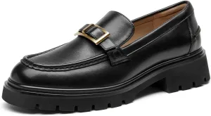 BEAU TODAY Chunky Loafers for Women,Womens Platform Loafer Shoes,Chunky Heel Lug Sole Slip-on Metal Chain Shoes,Comfort Round Toe Business Work Office Shoes