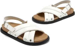 BEAU TODAY Flat Sandals for Women Leather Footbed Sandals for Women Comfort Slip on Crisscross Strappy Slides Wide Width Band Buckle Summer Beach Slides
