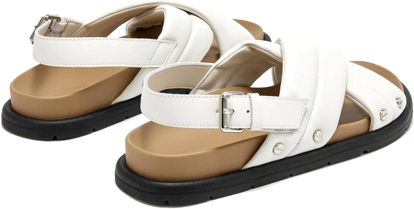 BEAU TODAY Flat Sandals for Women Leather Footbed Sandals for Women Comfort Slip on Crisscross Strappy Slides Wide Width Band Buckle Summer Beach Slides