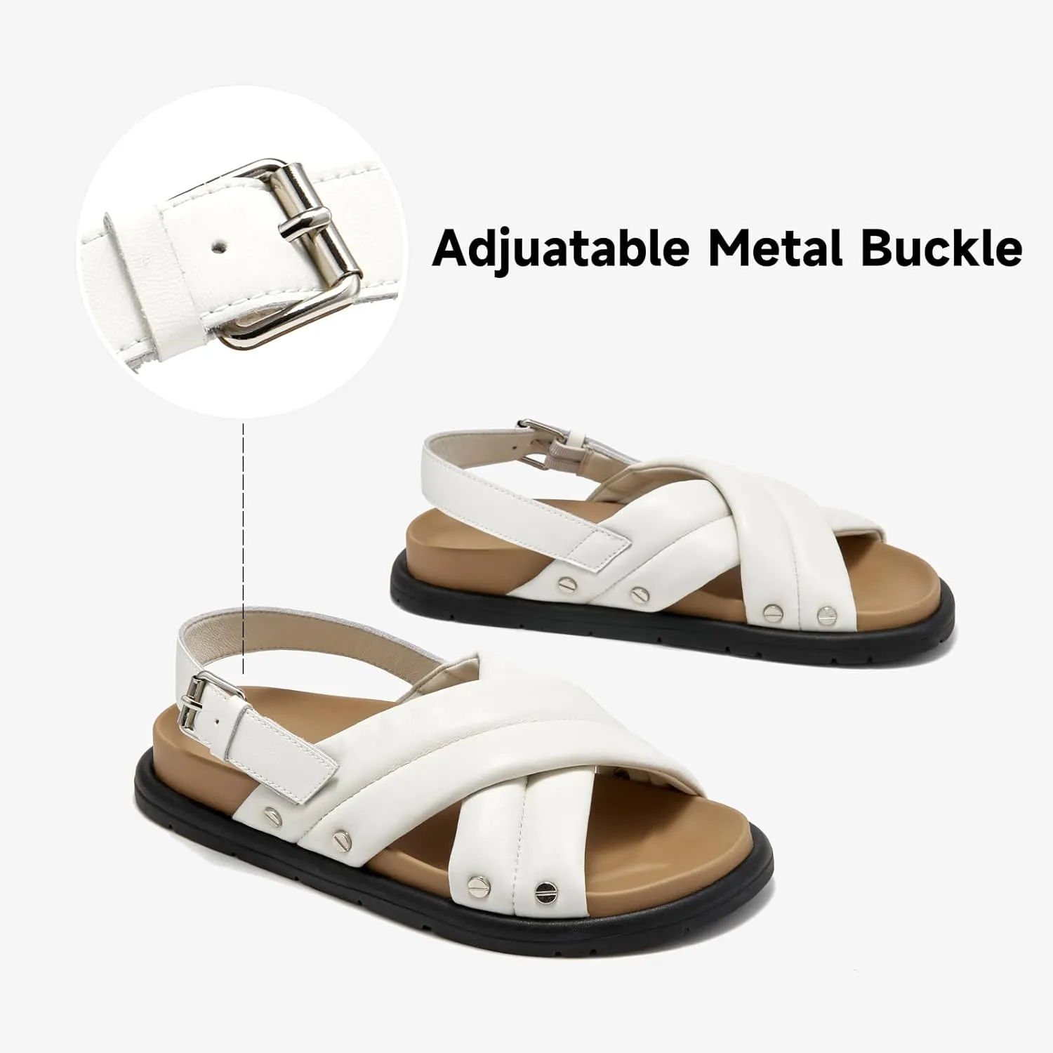 BEAU TODAY Flat Sandals for Women Leather Footbed Sandals for Women Comfort Slip on Crisscross Strappy Slides Wide Width Band Buckle Summer Beach Slides