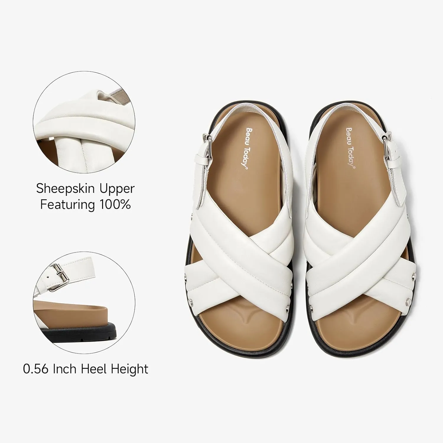 BEAU TODAY Flat Sandals for Women Leather Footbed Sandals for Women Comfort Slip on Crisscross Strappy Slides Wide Width Band Buckle Summer Beach Slides