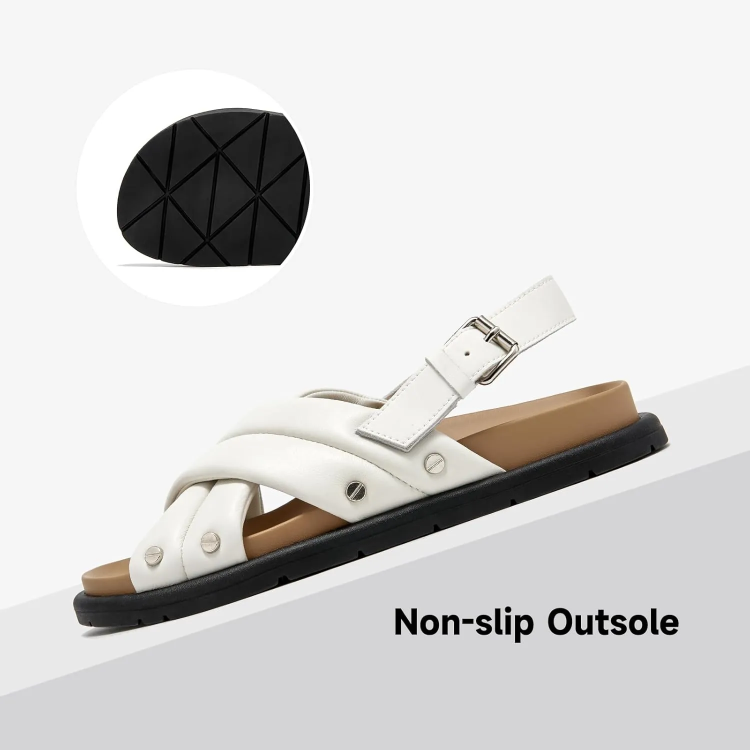 BEAU TODAY Flat Sandals for Women Leather Footbed Sandals for Women Comfort Slip on Crisscross Strappy Slides Wide Width Band Buckle Summer Beach Slides