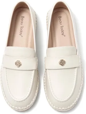 BEAU TODAY Loafers for Women, Classic Womens Penny Loafers, Casual Slip-on Leather Loafers Women, Breathable Lightweight Handmade Work Flats for Women Beige US 6
