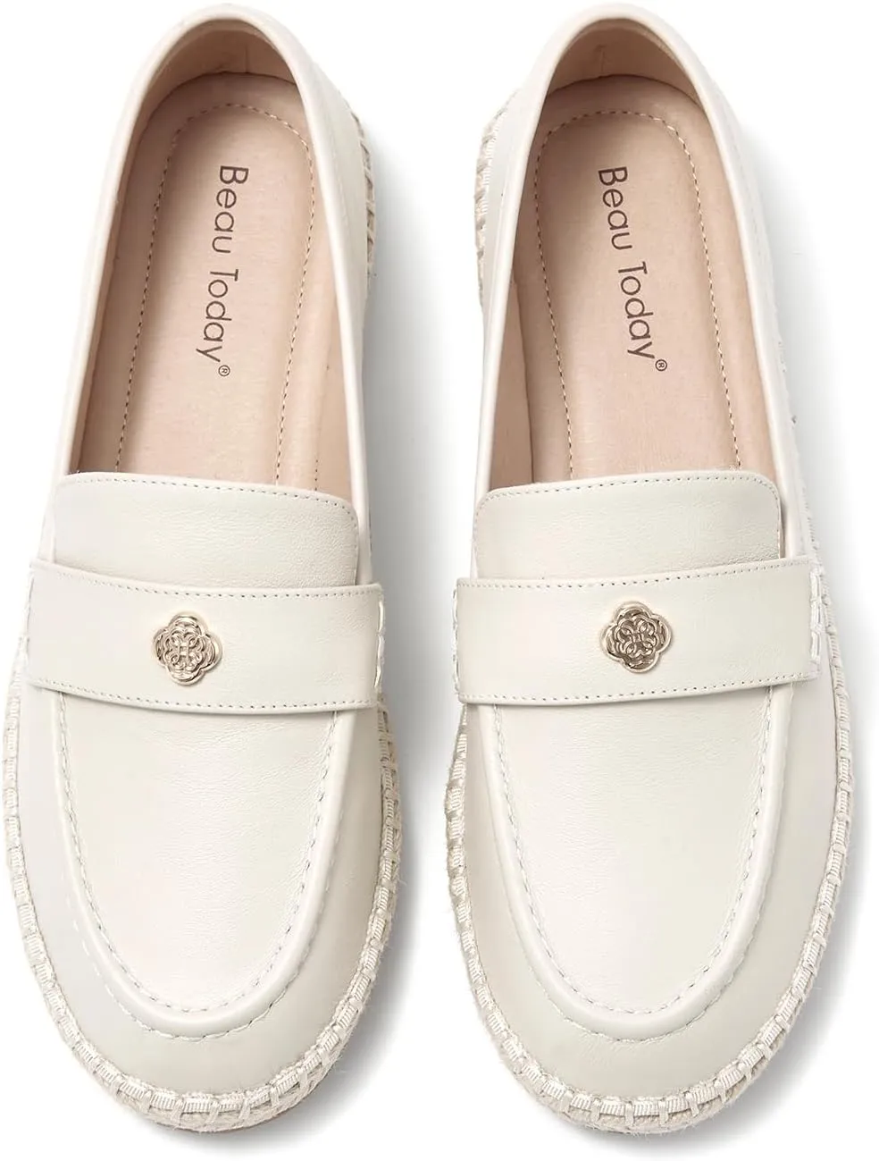 BEAU TODAY Loafers for Women, Classic Womens Penny Loafers, Casual Slip-on Leather Loafers Women, Breathable Lightweight Handmade Work Flats for Women Beige US 6