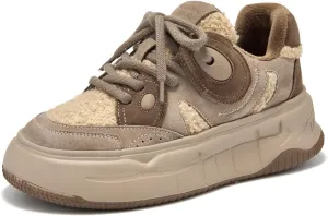 BEAU TODAY Winter Platform Sneakers for Women, Warm Fur Lined Fashion Chunky Sneakers for Women, Comfortable Suede Leather Sneakers, Casual Dressy Lace-up Anti-Slip Outdoor Walking Shoes