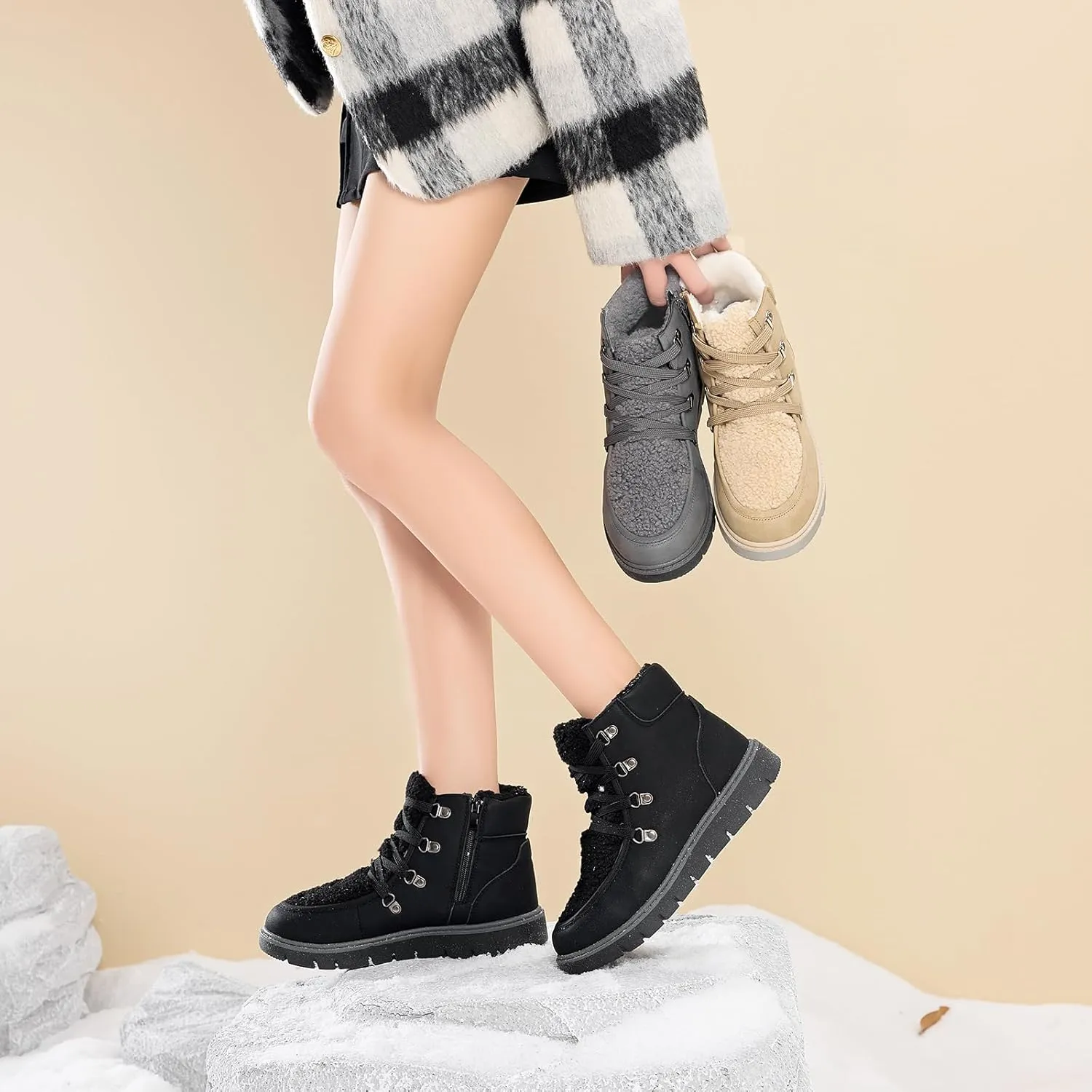 BENPAO Women's Mini Short Boots Fuzzy Snow Boots for Women PU Leather Winter Boots Waterproof Ankle booties Warm Fur Boots with Zipper