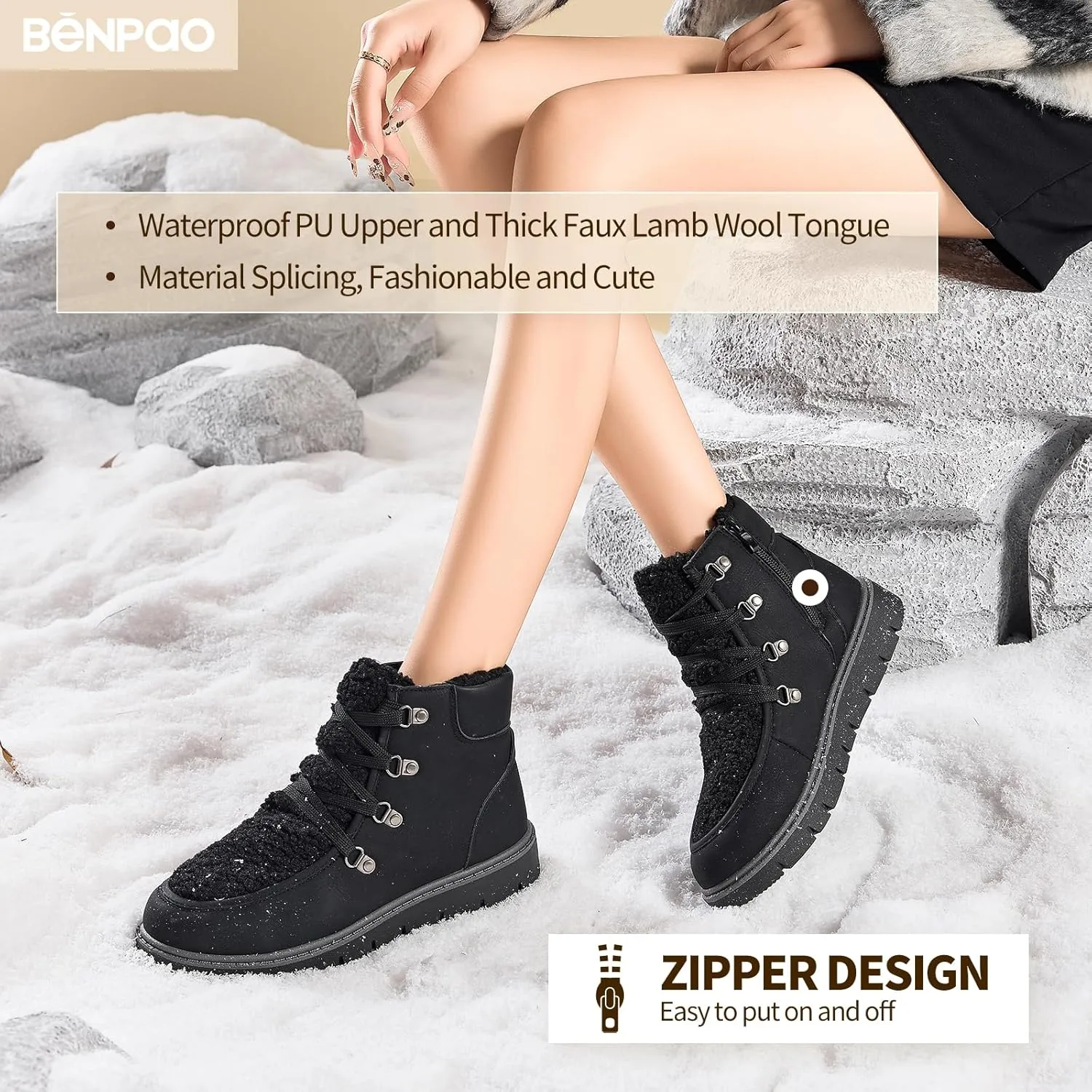 BENPAO Women's Mini Short Boots Fuzzy Snow Boots for Women PU Leather Winter Boots Waterproof Ankle booties Warm Fur Boots with Zipper