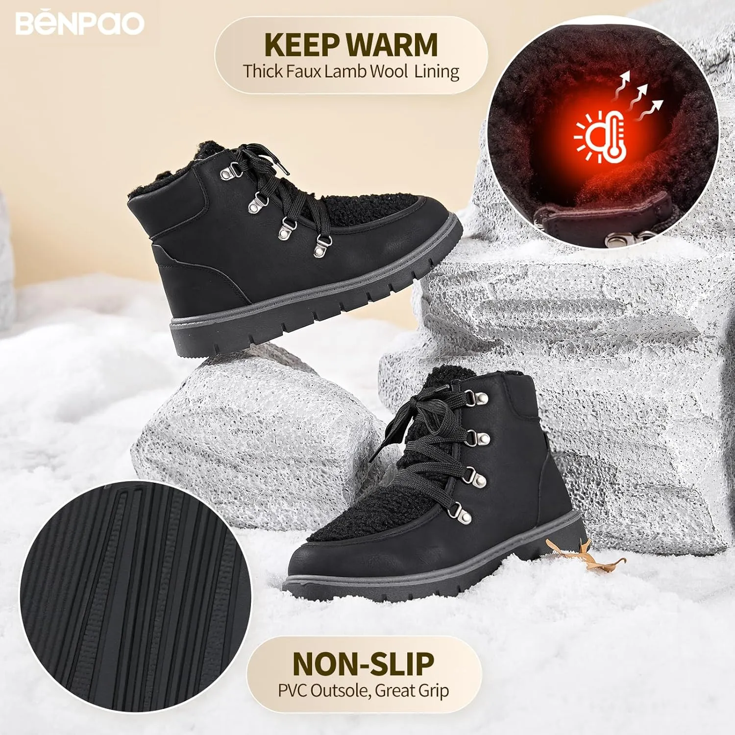BENPAO Women's Mini Short Boots Fuzzy Snow Boots for Women PU Leather Winter Boots Waterproof Ankle booties Warm Fur Boots with Zipper