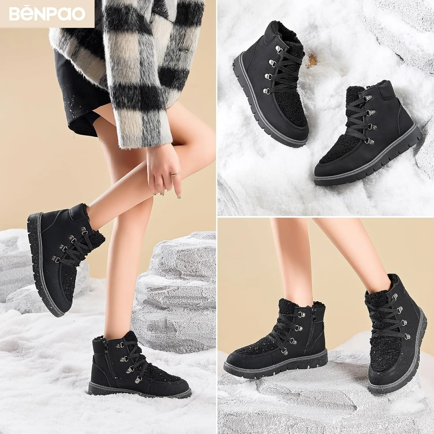 BENPAO Women's Mini Short Boots Fuzzy Snow Boots for Women PU Leather Winter Boots Waterproof Ankle booties Warm Fur Boots with Zipper