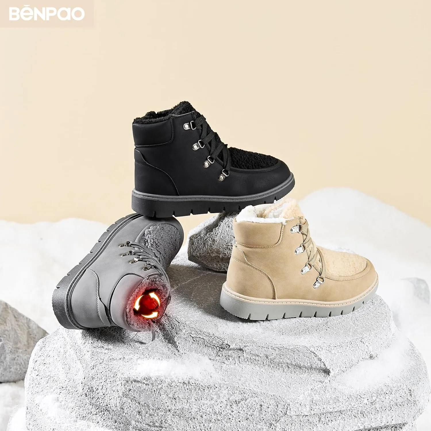 BENPAO Women's Mini Short Boots Fuzzy Snow Boots for Women PU Leather Winter Boots Waterproof Ankle booties Warm Fur Boots with Zipper