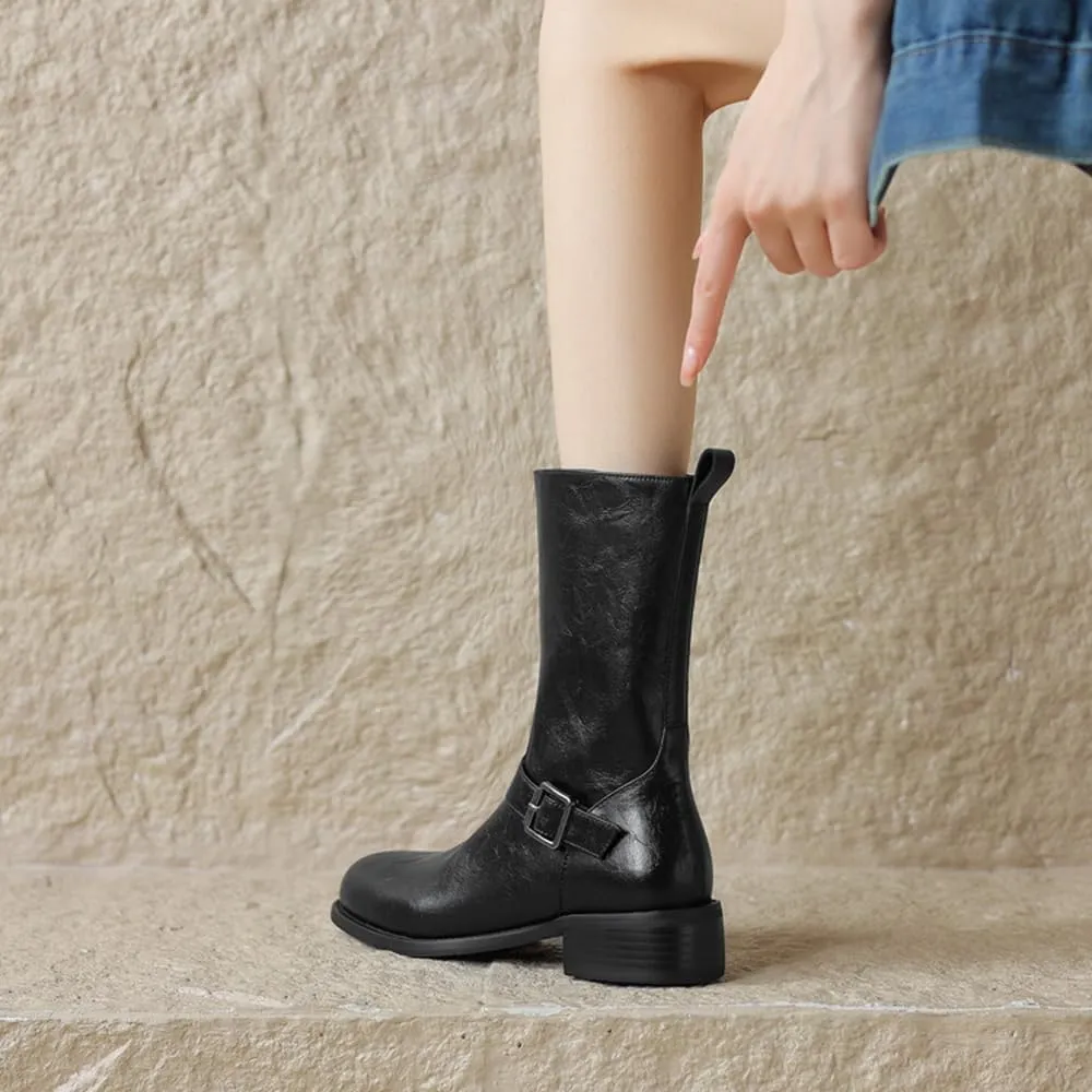 Big Walled Western Boots Women Square Toe Belt Buckle Short Boots That Can Be Worn All Year Round Thick Heels Drees Office Party Shoes