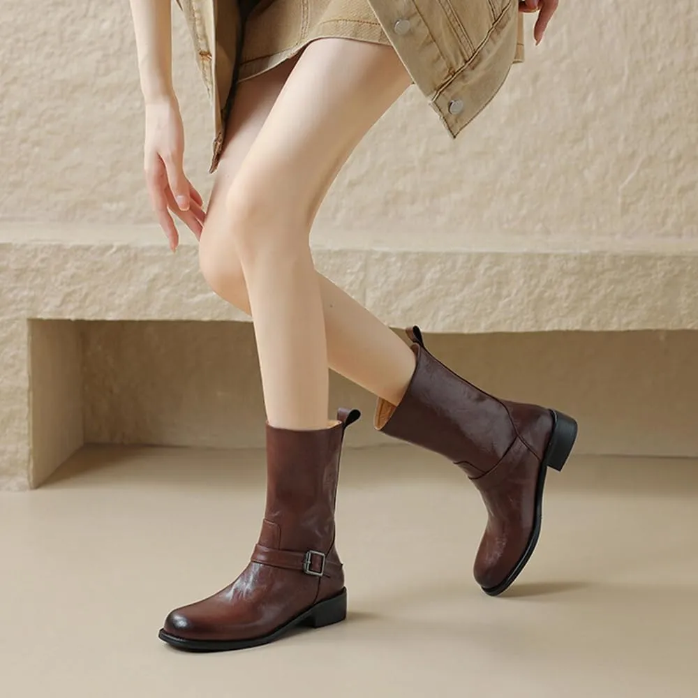 Big Walled Western Boots Women Square Toe Belt Buckle Short Boots That Can Be Worn All Year Round Thick Heels Drees Office Party Shoes