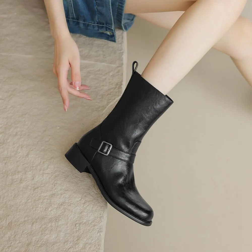 Big Walled Western Boots Women Square Toe Belt Buckle Short Boots That Can Be Worn All Year Round Thick Heels Drees Office Party Shoes