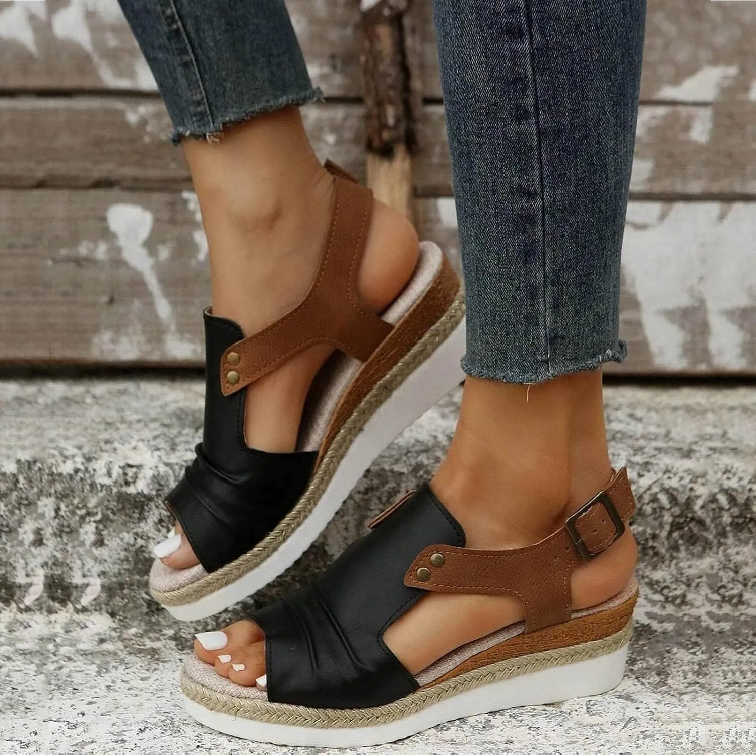 Black Orthopedic Wedge Sandals for Women 2025 Summer Dressy Flat Open Toe Ankle Strap Espadrilles Sandals Boho Comfortable Casual Strappy Slip on Wedges Shoes