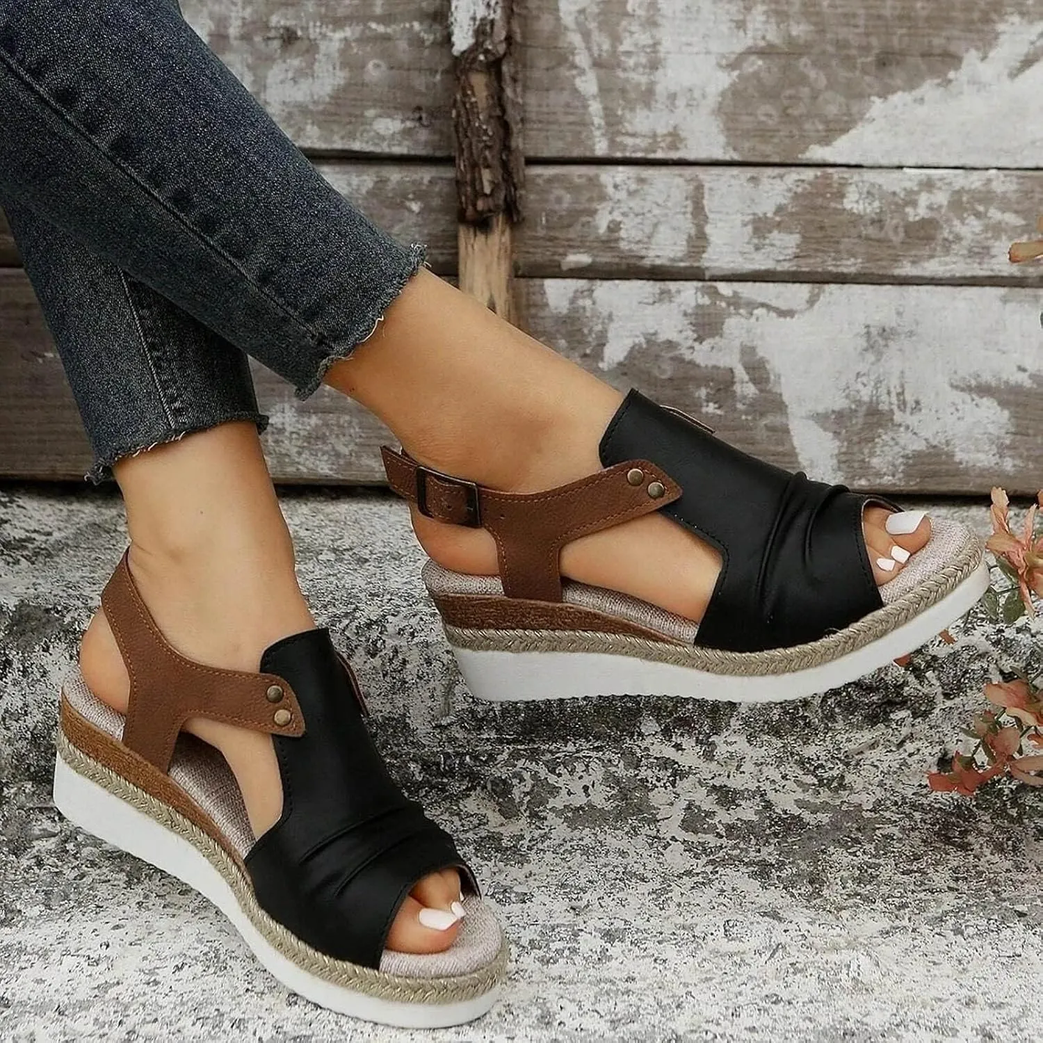 Black Orthopedic Wedge Sandals for Women 2025 Summer Dressy Flat Open Toe Ankle Strap Espadrilles Sandals Boho Comfortable Casual Strappy Slip on Wedges Shoes
