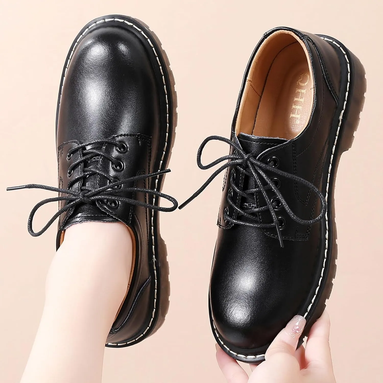 Black Oxford Shoes for Women Women's Oxfords Leather Flats Lace-Up Loafers Business Casual Work Office Uniform Dressy Server Shoes for Ladies Womens