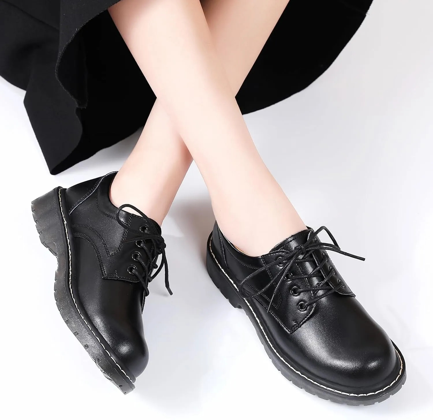 Black Oxford Shoes for Women Women's Oxfords Leather Flats Lace-Up Loafers Business Casual Work Office Uniform Dressy Server Shoes for Ladies Womens