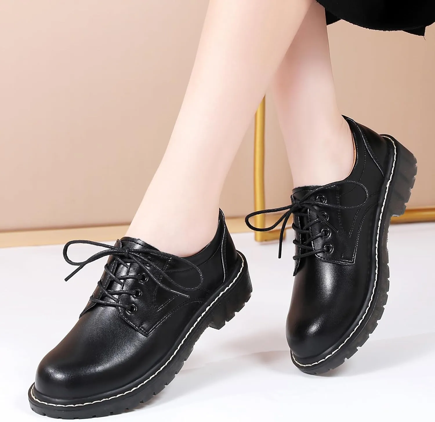 Black Oxford Shoes for Women Women's Oxfords Leather Flats Lace-Up Loafers Business Casual Work Office Uniform Dressy Server Shoes for Ladies Womens