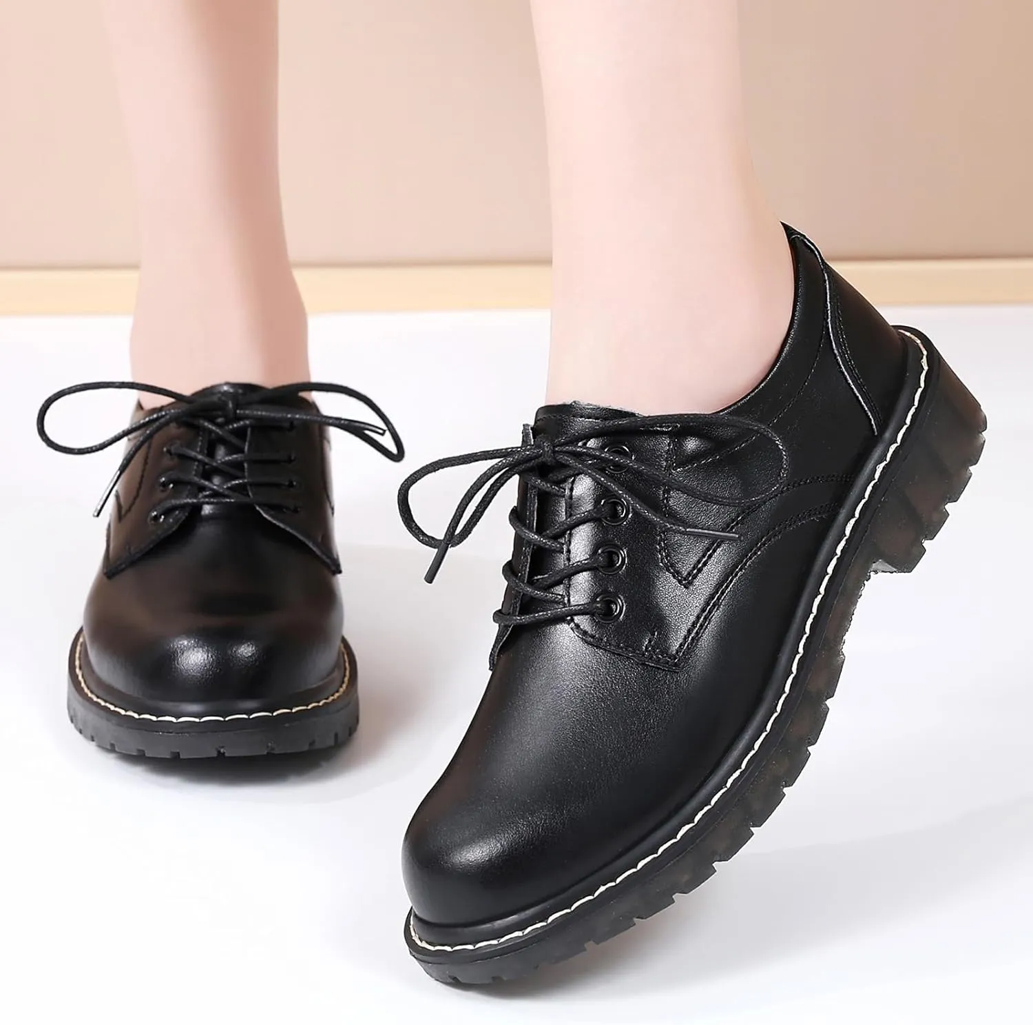 Black Oxford Shoes for Women Women's Oxfords Leather Flats Lace-Up Loafers Business Casual Work Office Uniform Dressy Server Shoes for Ladies Womens