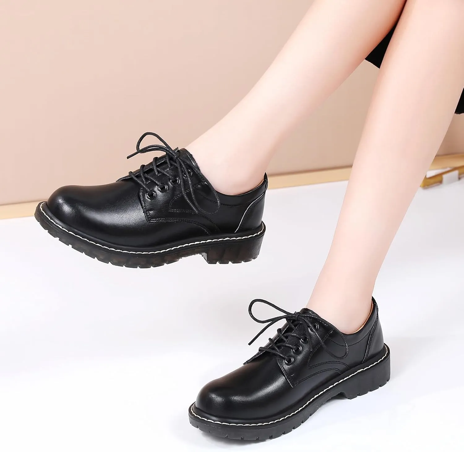 Black Oxford Shoes for Women Women's Oxfords Leather Flats Lace-Up Loafers Business Casual Work Office Uniform Dressy Server Shoes for Ladies Womens